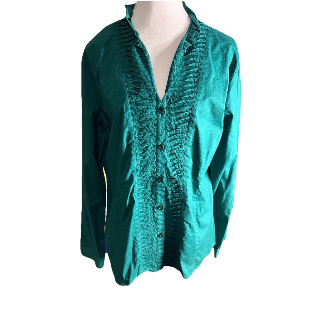 Katherine New York Pleated Front Blouse Ruffle Vneck Cottagecore Office Size L